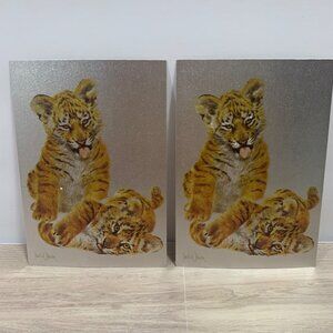 Vintage Dufex Royal Stationery Foil Art Prints Tiger Cubs Postcards Set Of 2